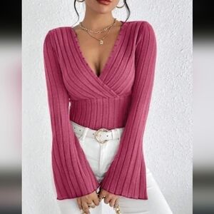 Women Long Bell Sleeve Ribbed Pink V-Neck Sweater Shirt Top